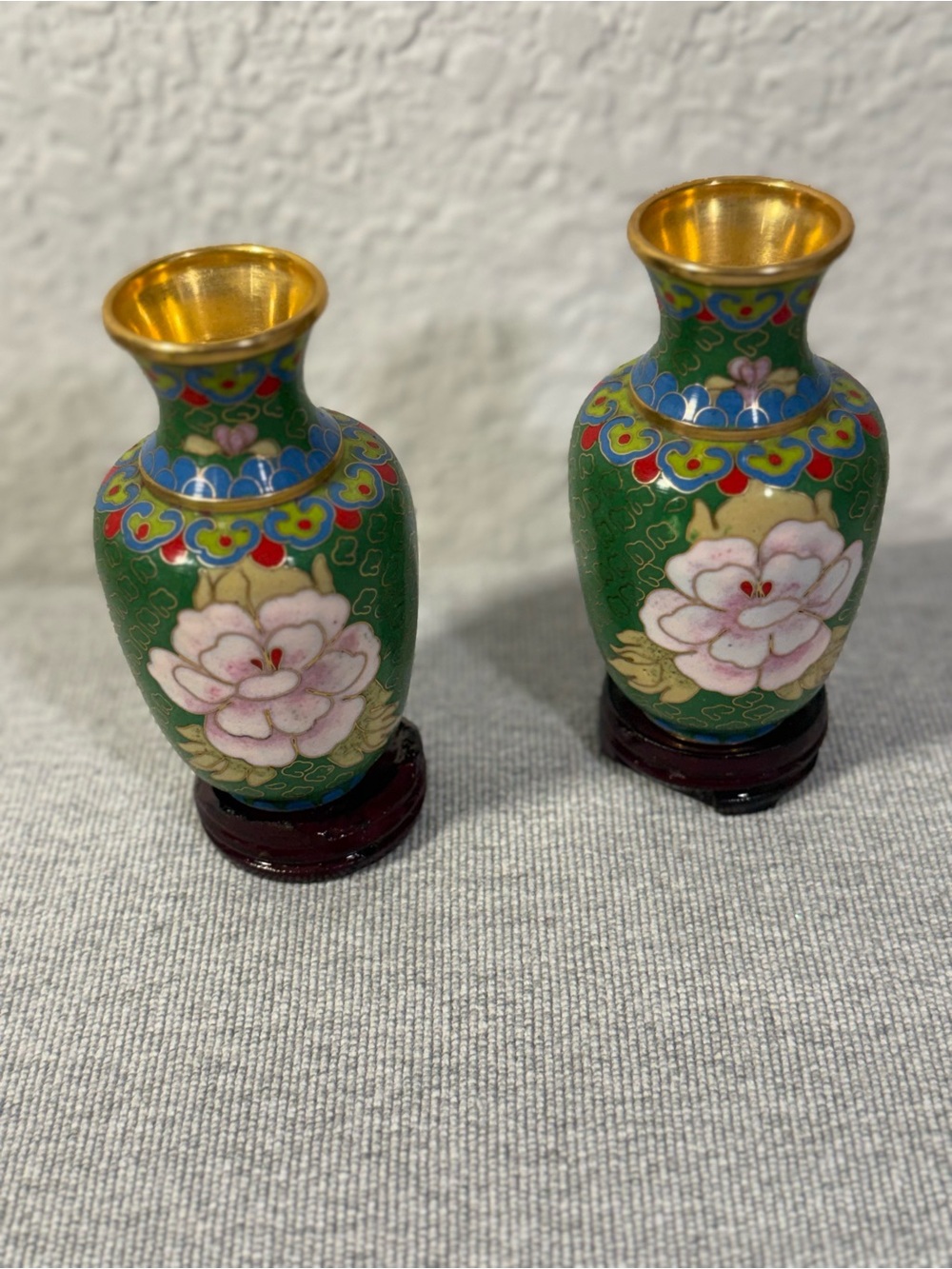 Vintage Set of Cloisonné Mini Vases Green Floral Enamel Brass Pair with Stands
